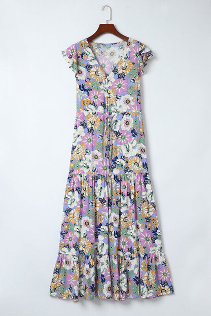 Purple Maxi Bohemian Floral Dress with Layered Ruffle Sleeves