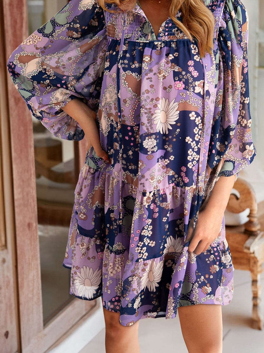 Purple Vintage Daisy Flower Puff Sleeve Ruffle Mini Dress