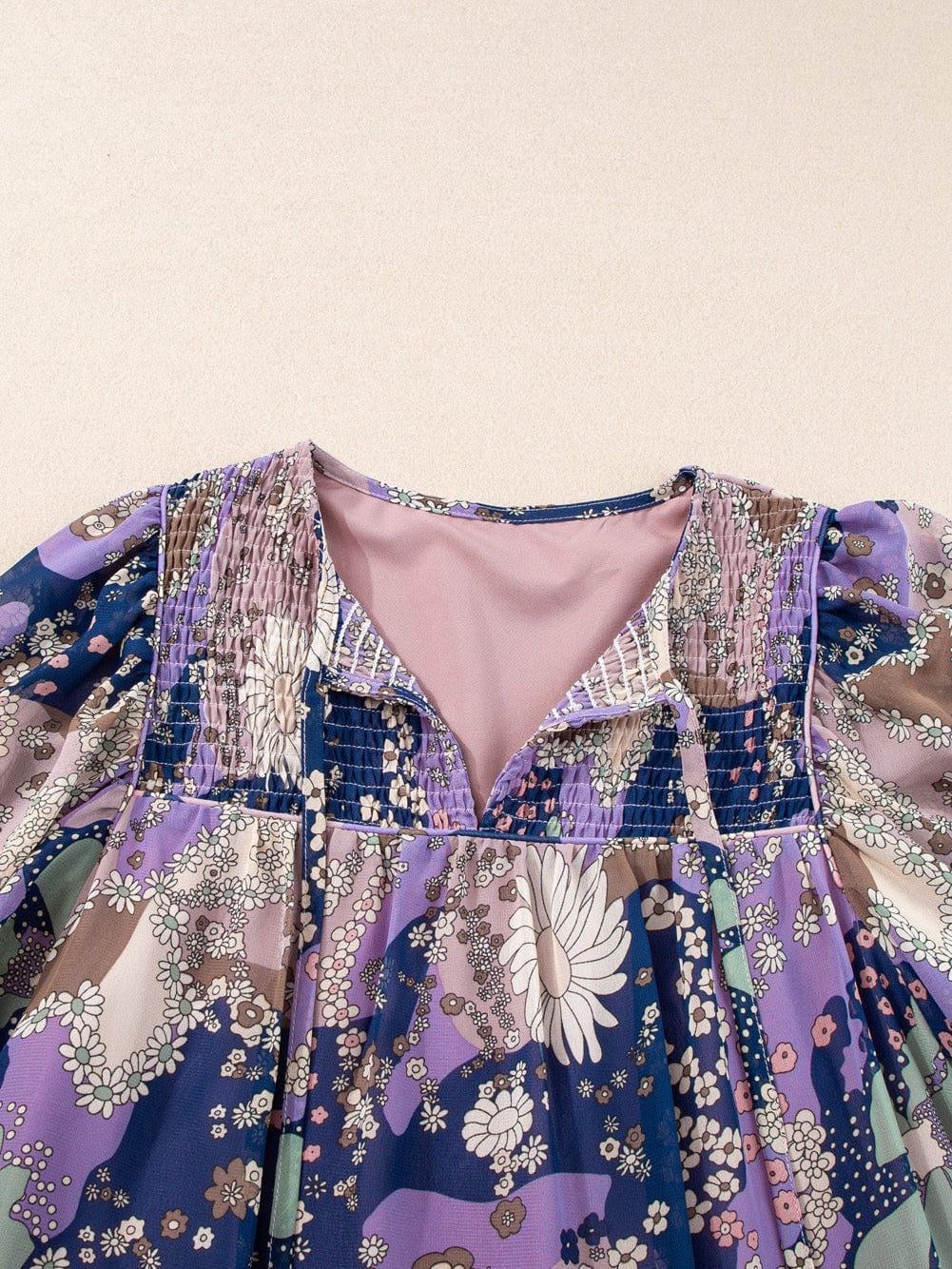 Purple Vintage Daisy Flower Puff Sleeve Ruffle Mini Dress