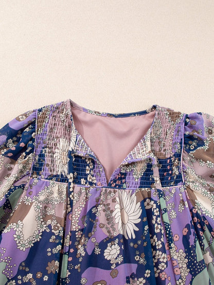 Purple Vintage Daisy Flower Puff Sleeve Ruffle Mini Dress