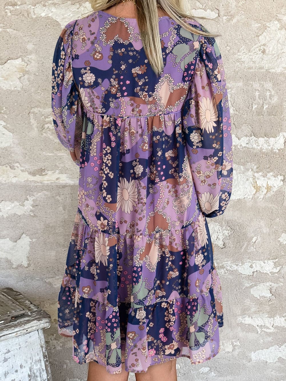 Purple Vintage Daisy Flower Puff Sleeve Ruffle Mini Dress