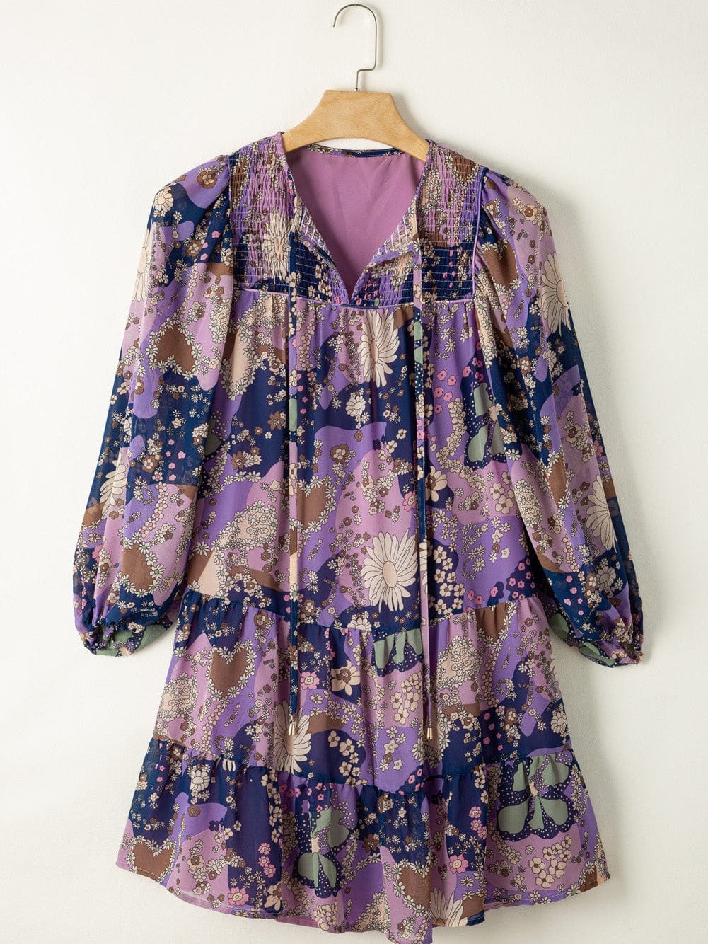 Purple Vintage Daisy Flower Puff Sleeve Ruffle Mini Dress