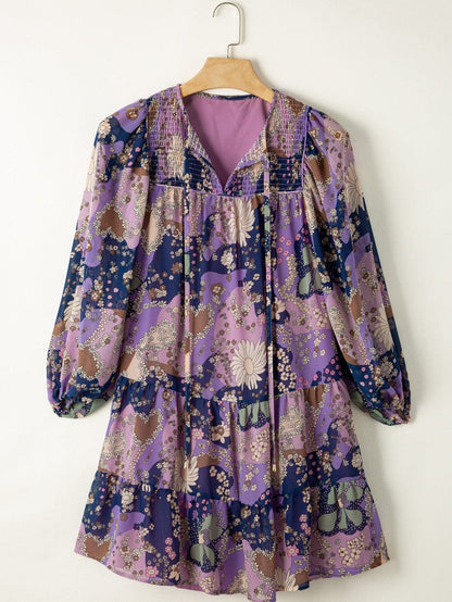 Purple Vintage Daisy Flower Puff Sleeve Ruffle Mini Dress