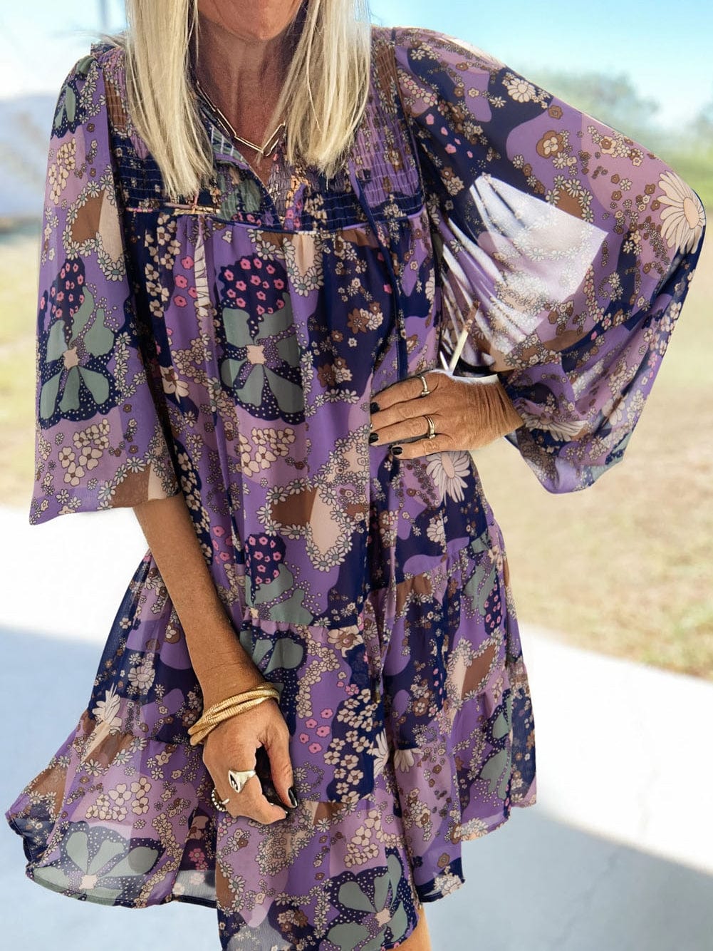 Purple Vintage Daisy Flower Puff Sleeve Ruffle Mini Dress