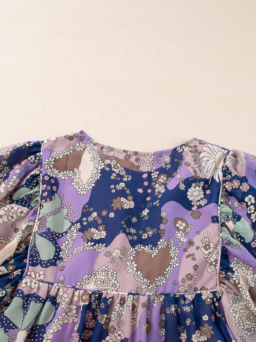 Purple Vintage Daisy Flower Puff Sleeve Ruffle Mini Dress