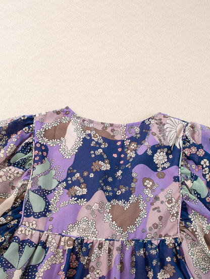 Purple Vintage Daisy Flower Puff Sleeve Ruffle Mini Dress