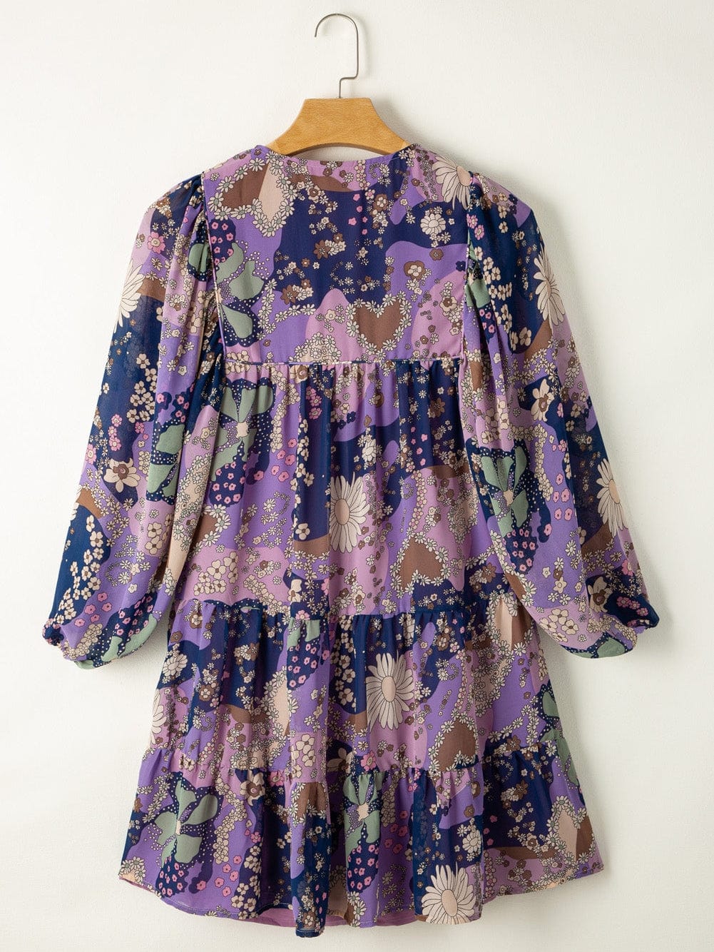 Purple Vintage Daisy Flower Puff Sleeve Ruffle Mini Dress