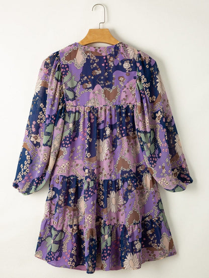 Purple Vintage Daisy Flower Puff Sleeve Ruffle Mini Dress