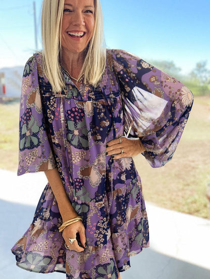 Purple Vintage Daisy Flower Puff Sleeve Ruffle Mini Dress