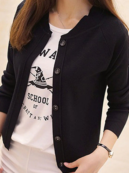 Women's Cardigan Sweater Crew Neck Ribbed Knit Acrylic Button Fall Winter Short Daily Going out Weekend Stylish Casual Soft Long Sleeve Solid Color Black Yellow Pink S M L