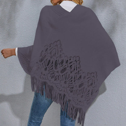 Women's Poncho Sweater Crew Neck Ribbed Knit Acrylic Tassel Knitted Fall Winter Tunic Outdoor Daily Holiday Stylish Casual Soft Long Sleeve Pure Color Black White Red S M L