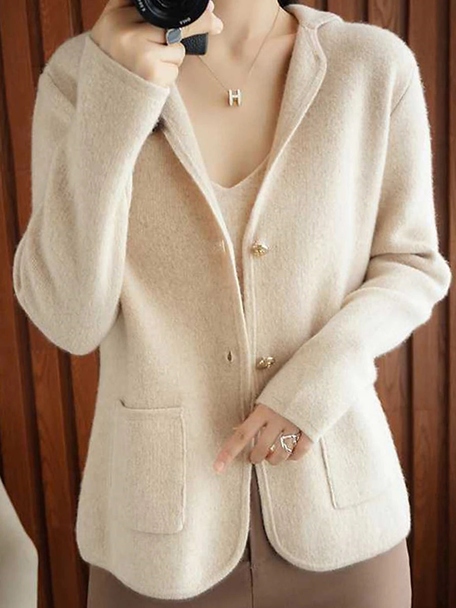 Women's Cardigan Shirt Collar Ribbed Knit Polyester Button Pocket Knitted Fall Winter Short Outdoor Daily Going out Stylish Casual Soft Long Sleeve Solid Color Purple Beige S M L