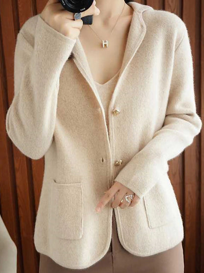 Women's Cardigan Shirt Collar Ribbed Knit Polyester Button Pocket Knitted Fall Winter Short Outdoor Daily Going out Stylish Casual Soft Long Sleeve Solid Color Purple Beige S M L