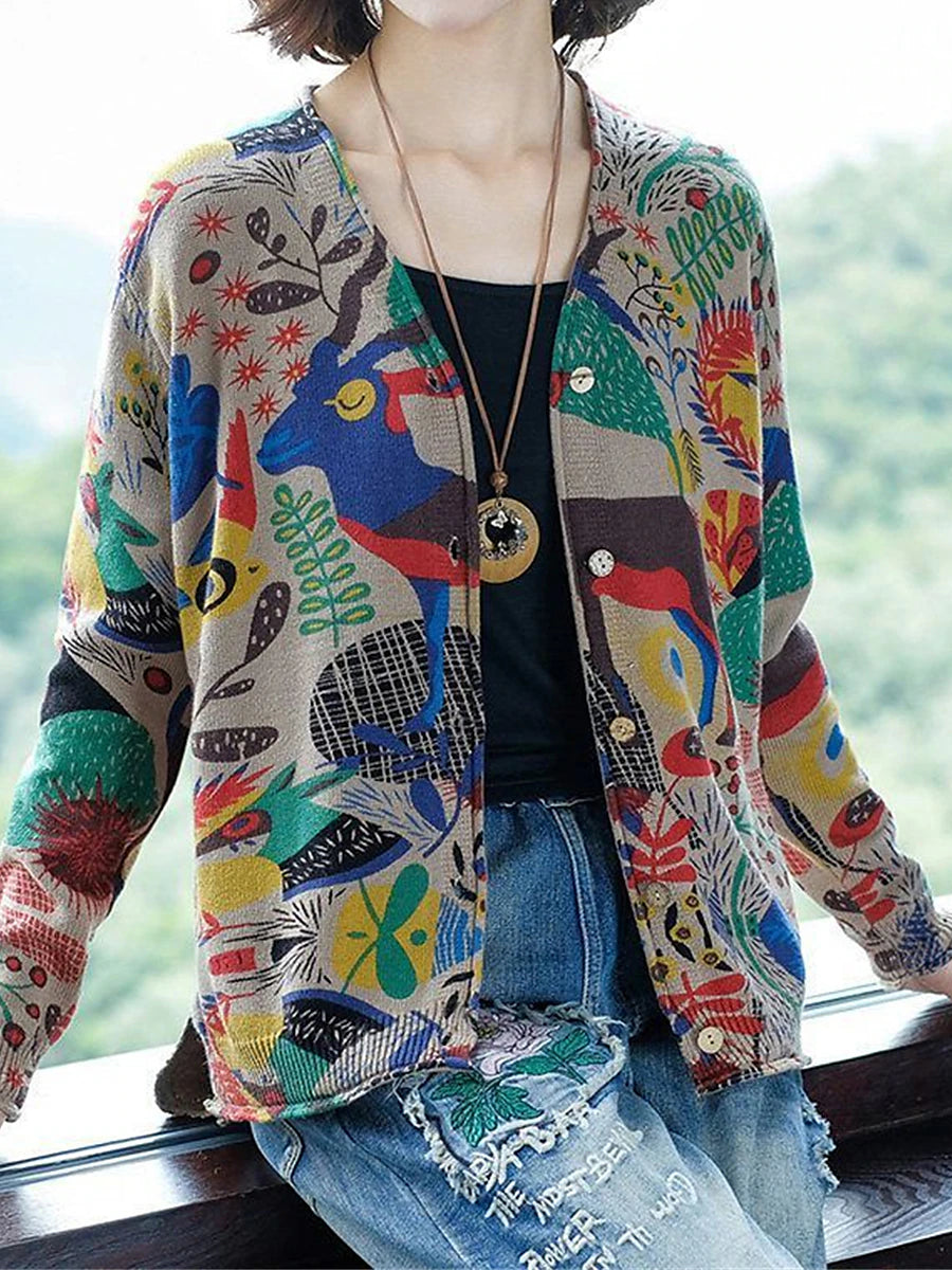 Women's Cardigan Sweater V Neck Ribbed Knit Polyester Button Print Fall Winter Outdoor Daily Holiday Stylish Casual Soft Long Sleeve Animal Floral Rose black Chain black Rose navy blue S M L