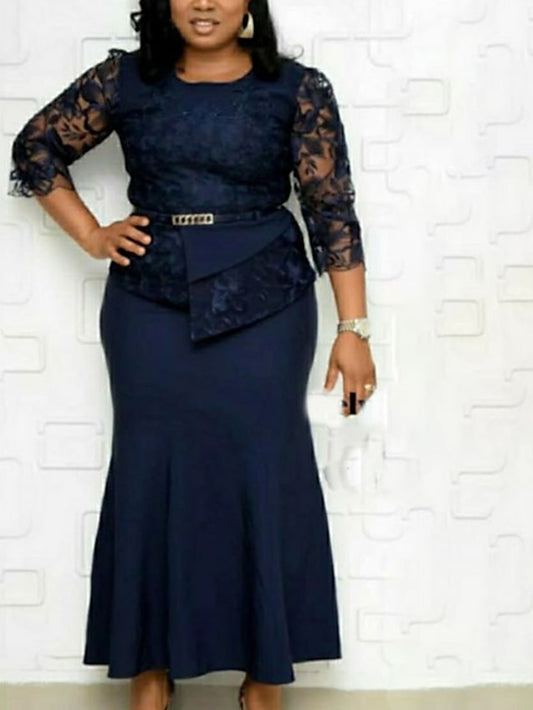 Women's Dress - Plus Size Work Dress Solid Color Crew Neck Lace Long Sleeve Spring Fall Work Maxi long Dress Daily Vacation Dress