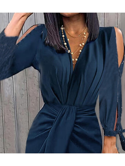 Women's Dress - Shirt Dress Sheath Dress Midi Dress Dark Blue Long Sleeve Leaf Ruched Summer Spring V Neck Modern Winter Dress Office Wedding Guest 2023 S M L XL XXL 3XL