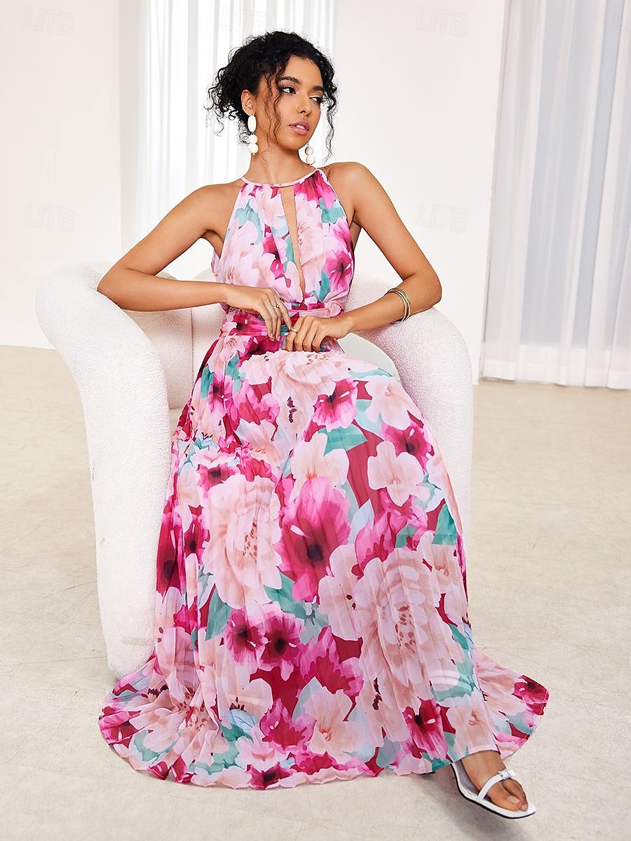 Women's Floral Maxi Dress Pink Chiffon Swing Dress Pleated Halter Neck Elegant Vacation Beach Wedding Guest Sleeveless Summer