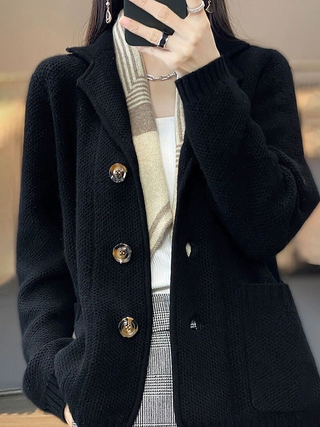 Women's Cardigan Sweater Jacket Shirt Collar Waffle Knit Acrylic Button Knitted Fall Winter Regular Outdoor Daily Going out Fashion Streetwear Casual Long Sleeve Solid Color off white Black S M L