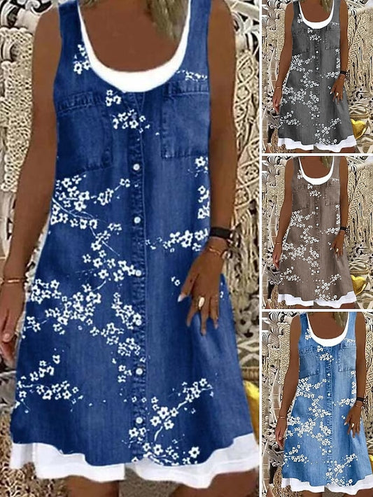 Women's Dress - Denim Dress Casual Dress Mini Dress Blue Dusty Blue Light Blue Sleeveless Floral Patchwork Summer Spring U Neck Fashion Vacation Loose Fit 2023 S M L XL XXL 3XL 4XL 5XL