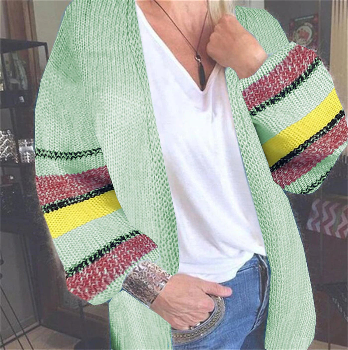 Women's Cardigan Sweater Open Front Ribbed Knit Acrylic Patchwork Fall Winter Long Daily Going out Weekend Stylish Casual Soft Long Sleeve Geometric Color Block Striped Yellow Light Green Pink S M L