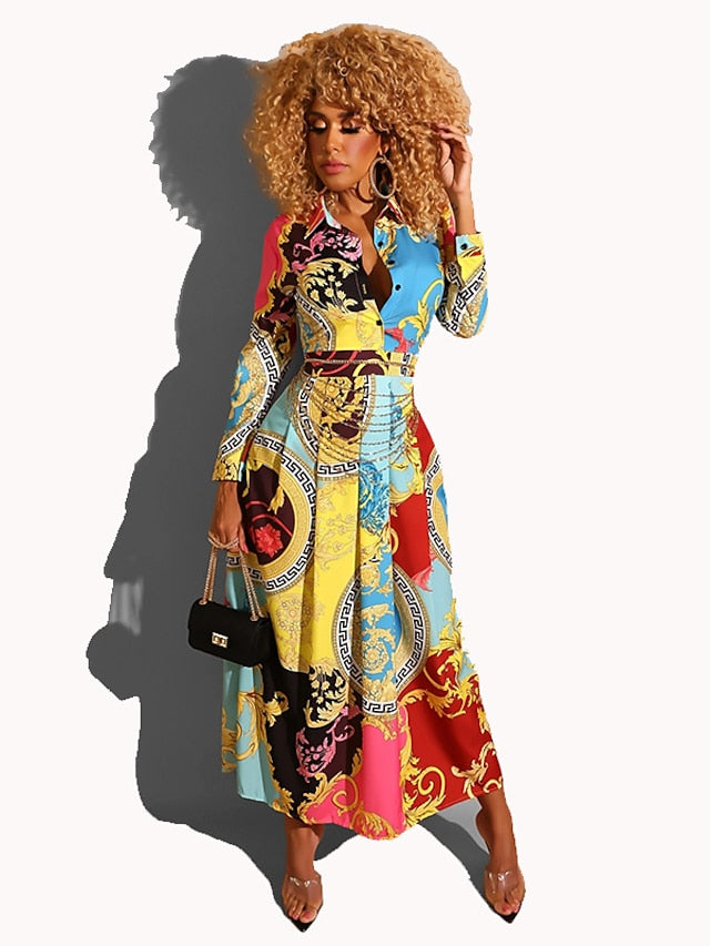 Women's Dress - Long Dress Maxi Dress Blue Light Blue Long Sleeve Geometric Shirt Collar Hot Winter Dress Fall Dress Slim S M L XL XXL