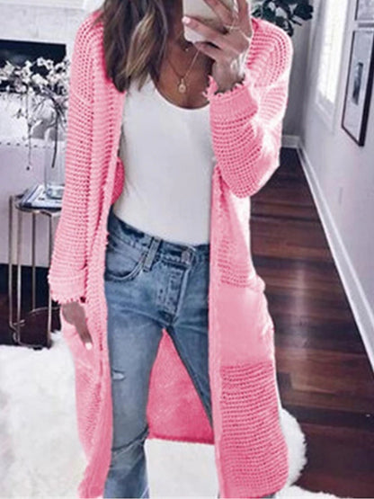 Women's Cardigan Sweater Open Front Ribbed Knit Polyester Pocket Summer Fall Long Outdoor Daily Going out Stylish Casual Soft Long Sleeve Solid Color White S M L
