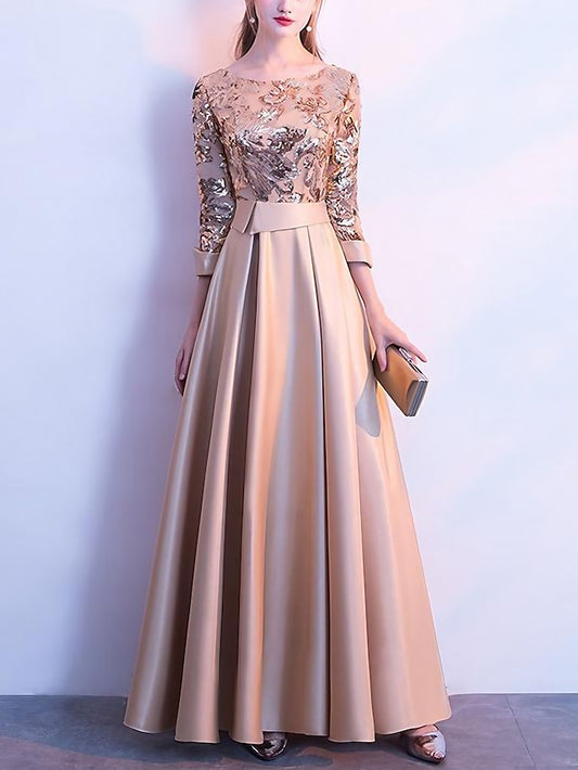 Women's Dress - Party Dress Sequin Dress Swing Dress Maxi long Dress Silver Champagne Dark Blue 3/4 Length Sleeve Color Block Sequins Winter Fall Spring Crew Neck Fashion Party Evening Party Wedding Guest