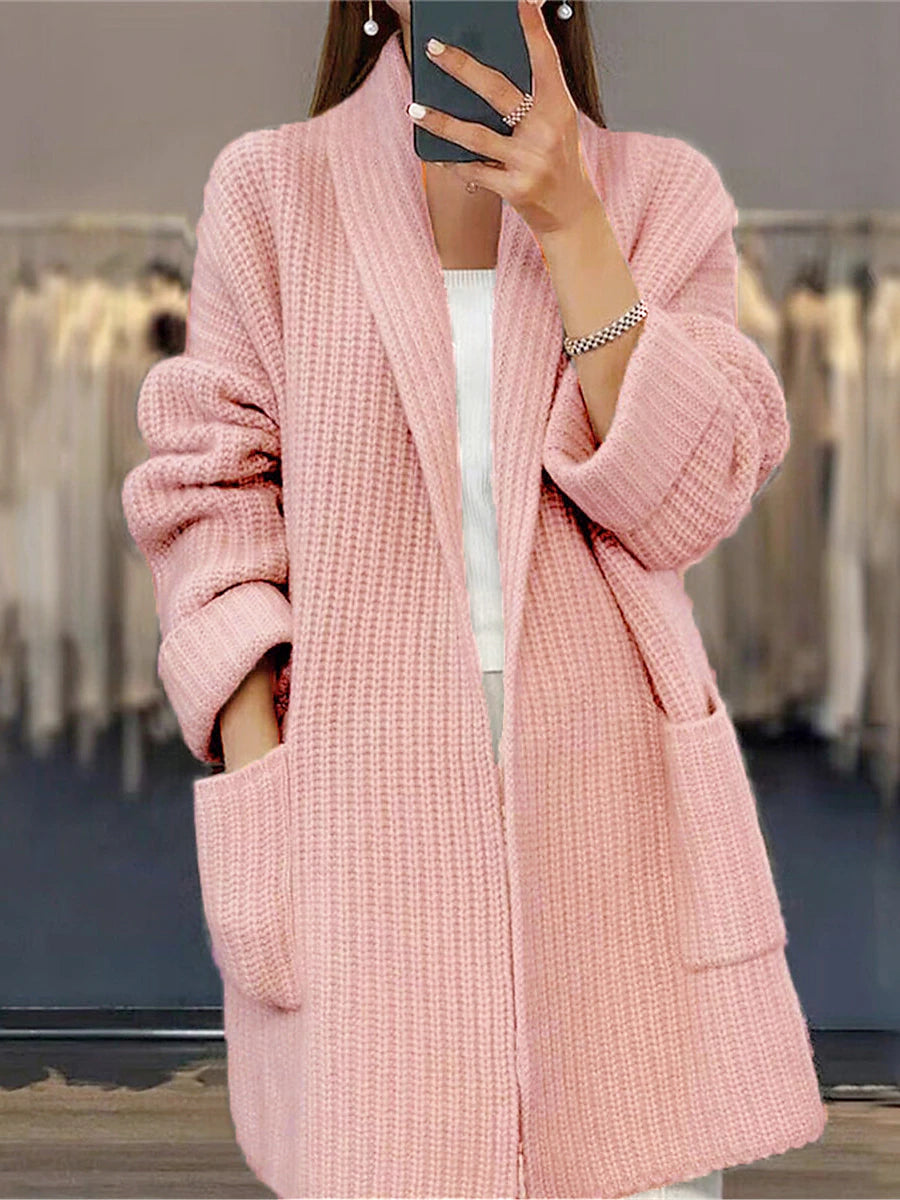 Women's Cardigan Sweater Open Front Ribbed Knit Acrylic Pocket Fall Winter Long Valentine's Day Daily Going out Stylish Casual Soft Long Sleeve Solid Color Pink Camel Beige S M L