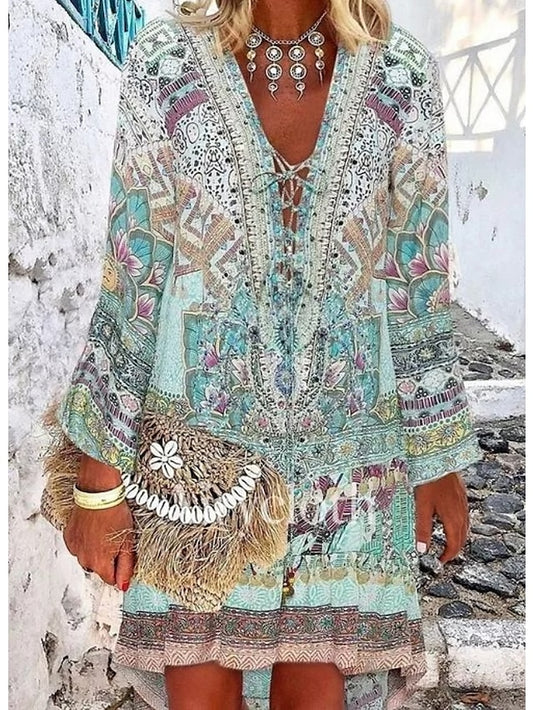 Women's Dress - Casual Dress Ethnic Dress Shift Dress Mini Dress Light Blue Long Sleeve Floral Lace up Spring Fall Winter V Neck Fashion Winter Dress Vacation Fall Dress 2023 S M L XL 2XL 3XL