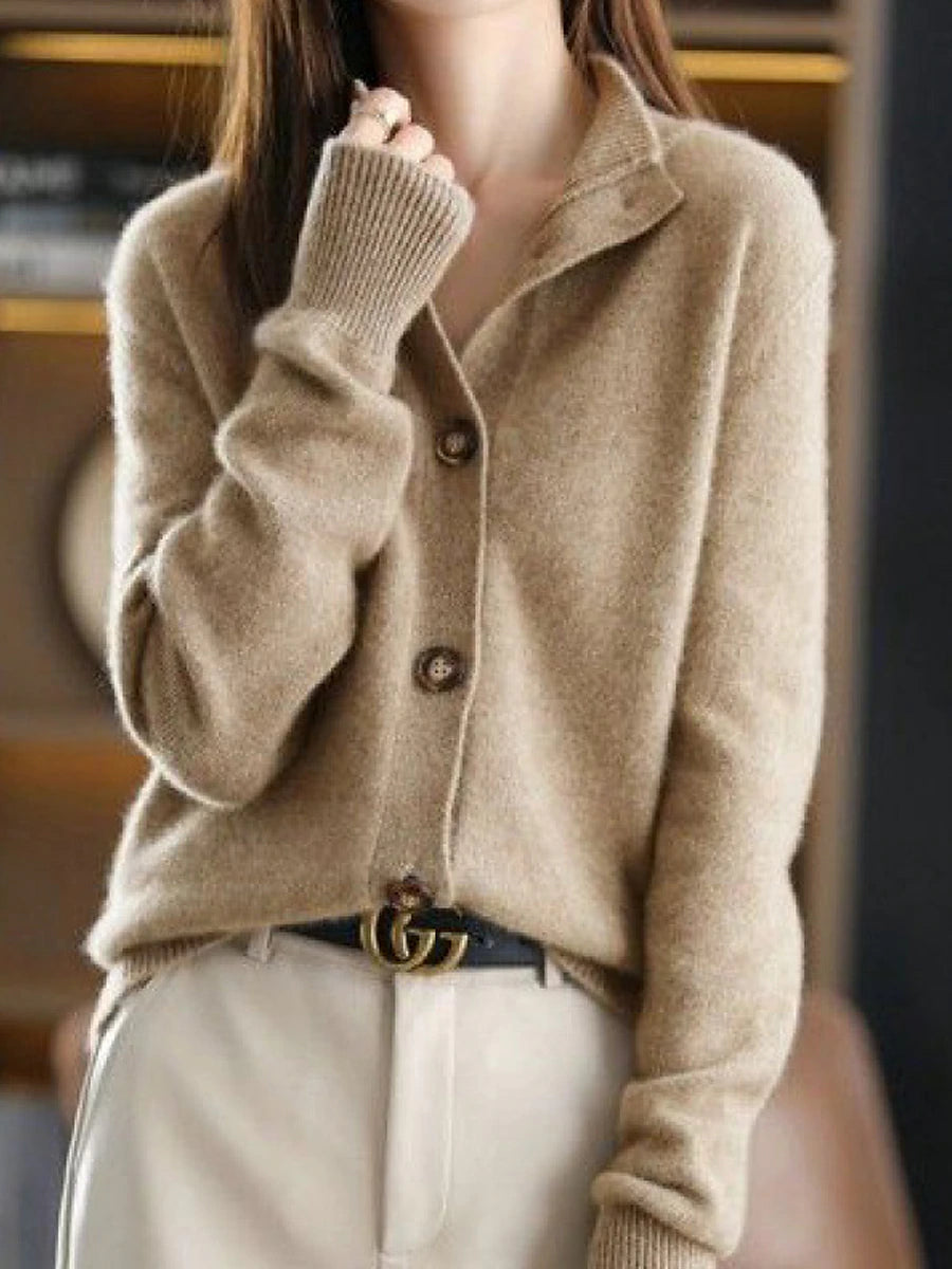 Women's Cardigan Stand Collar Ribbed Knit Polyester Button Knitted Fall Winter Regular Outdoor Daily Going out Stylish Casual Soft Long Sleeve Solid Color Navy Blue Camel Brown S M L
