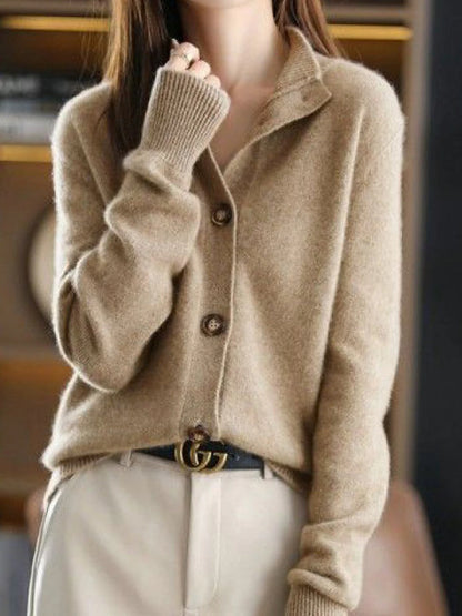 Women's Cardigan Stand Collar Ribbed Knit Polyester Button Knitted Fall Winter Regular Outdoor Daily Going out Stylish Casual Soft Long Sleeve Solid Color Navy Blue Camel Brown S M L