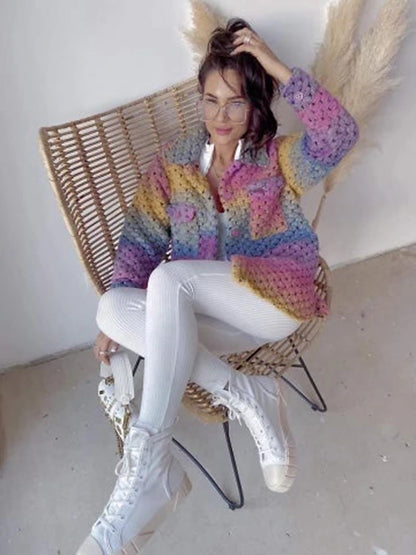 Women's Cardigan Sweater Shirt Collar Chunky Crochet Knit Polyester Pocket Knitted Fall Winter Long Outdoor Daily Going out Stylish Casual Soft Long Sleeve Color Gradient Purple S M L