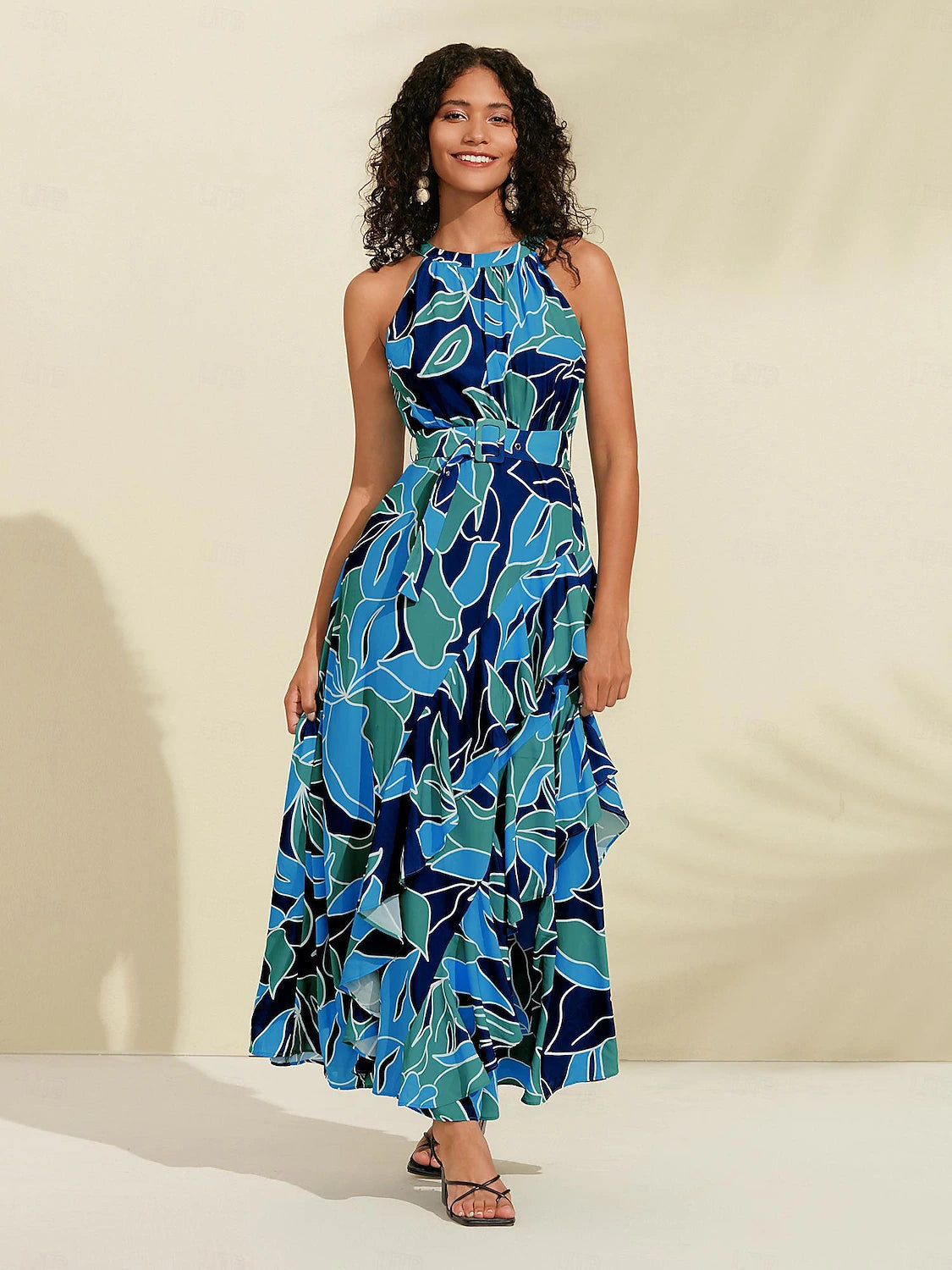 Floral Ruffle Chiffon Maxi Dress(Belt Included）