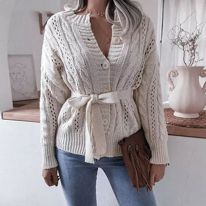 Women's Cardigan Sweater Jumper Cable Knit Lace up Button Pure Color Crew Neck Stylish Casual Outdoor Daily Winter Fall Purple Yellow S M L / Cotton / Long Sleeve / Cotton / Holiday / Regular Fit
