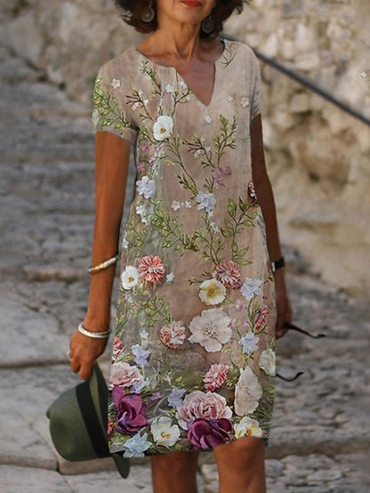 Women's Dress - Casual Dress Shift Dress Midi Dress Green Khaki Short Sleeve Floral Print Summer Spring V Neck Fashion Vacation 2023 S M L XL XXL 3XL