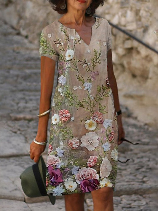 Women's Dress - Casual Dress Shift Dress Midi Dress Green Khaki Short Sleeve Floral Print Summer Spring V Neck Fashion Vacation 2023 S M L XL XXL 3XL