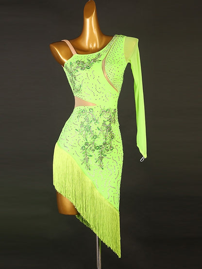 Latin Dance Dress Tassel Split Joint Crystals / Rhinestones Women's Performance Training Long Sleeve Chinlon Mesh - LuckyFash™