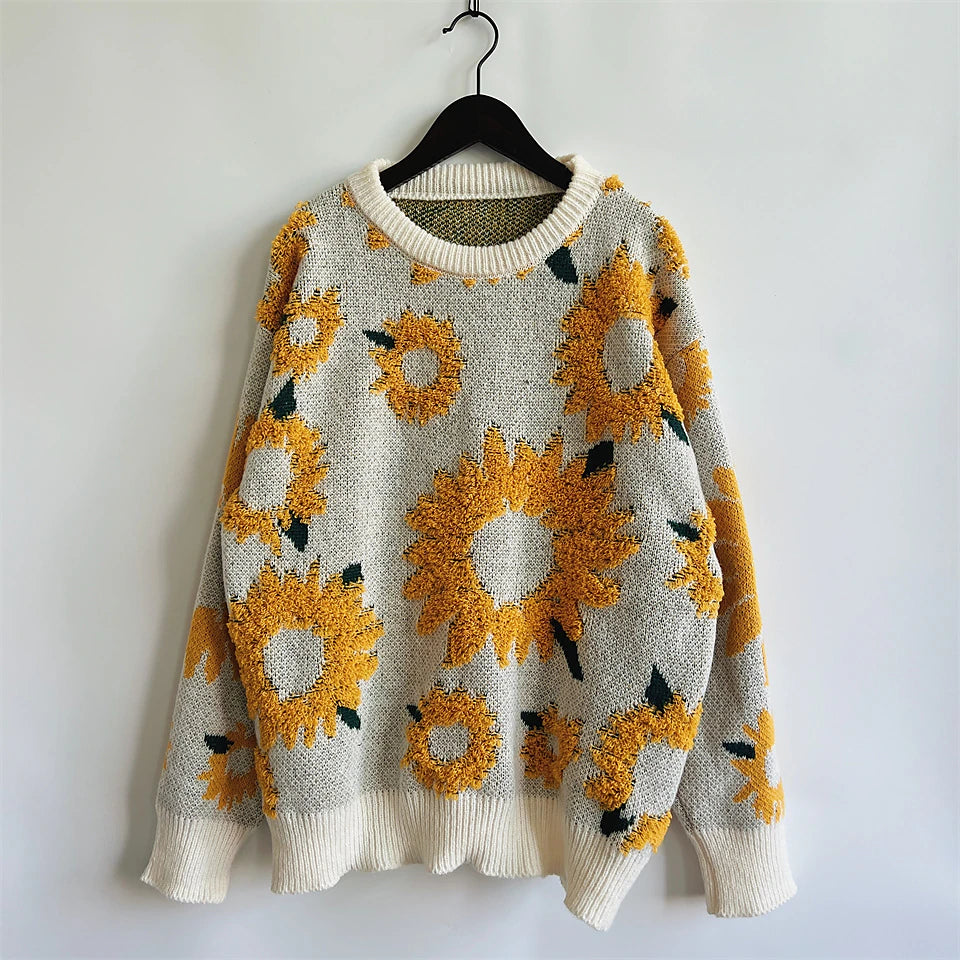 Women's Pullover Sweater Jumper Crew Neck Chunky Knit Polyester Embroidery Spring Fall Winter Regular Daily Holiday Valentine Stylish Casual Long Sleeve Floral Black Yellow S M L
