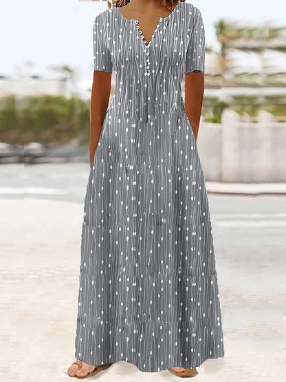 Women's Dress - Long Dress Maxi Dress Casual Dress A Line Dress Print Dress Graphic Streetwear Casual Daily Holiday Vacation Button Pocket Short Sleeve V Neck Dress Regular Fit Red Blue Dark Blue Summer