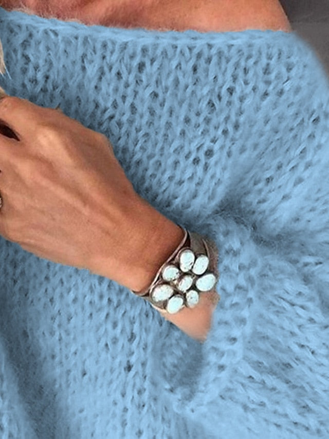 Women's Fluffy Mohair Chunky Knit Sweater Lantern Sleeve Loose Pullover Sweater Jumper Pure Color Crew Neck Stylish Casual Outdoor Daily Spring Pink Khaki S M L