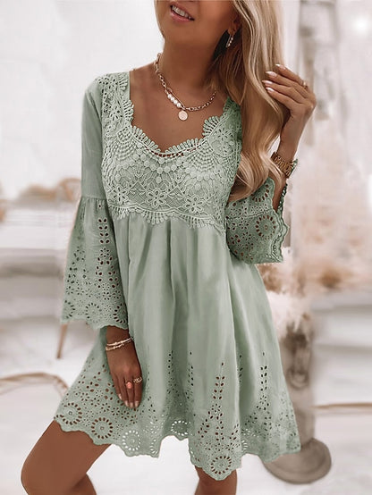 Women's Dress - Casual Dress Lace Dress Summer Dress Plain Lace Hollow Out U Neck Mini Dress Fashion Streetwear Outdoor Daily 3/4 Length Sleeve Loose Fit White Green Apricot Summer Spring S M L XL XXL