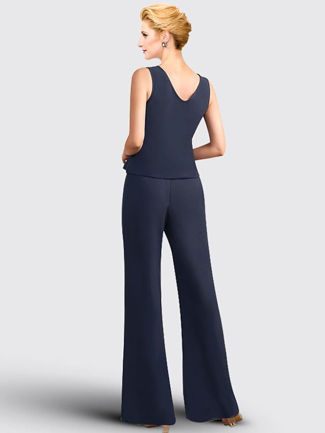 Jumpsuit / Pantsuit 3 Piece Mother of the Bride Dress Formal Plus Size Elegant Jewel Neck Floor Length Chiffon Lace Sleeveless with Appliques 2023 - LuckyFash™