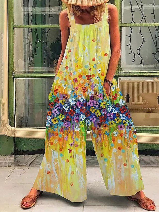 Jumpsuits for Women Summer Overall Pocket Print Floral Square Neck Casual Daily Holiday Regular Fit Sleeveless Black Yellow Blue S M L - LuckyFash™