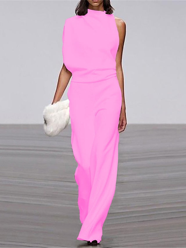 Jumpsuits for Women Summer Dressy High Waist Solid Color Stand Collar Business Office Work Elegant Regular Fit Sleeveless Black White Yellow S M L Summer - LuckyFash™