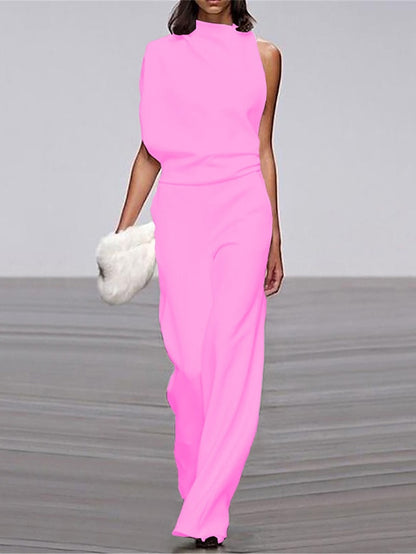 Jumpsuits for Women Summer Dressy High Waist Solid Color Stand Collar Business Office Work Elegant Regular Fit Sleeveless Black White Yellow S M L Summer - LuckyFash™