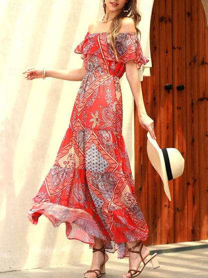 Women's Paisley Maxi Dress Off Shoulder Chiffon A Line Dress Ruffle Trim Boho Vacation Short Sleeve Summer