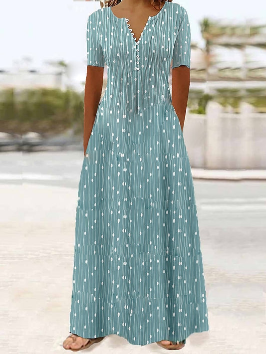 Women's Dress - Long Dress Maxi Dress Casual Dress A Line Dress Print Dress Graphic Streetwear Casual Daily Holiday Vacation Button Pocket Short Sleeve V Neck Dress Regular Fit Red Blue Dark Blue Summer