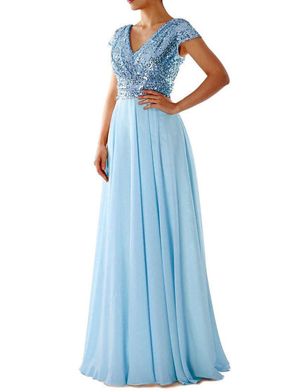 Women's Dress - Swing Dress Maxi long Dress Party Dress Light Blue Short Sleeve Pure Color V Neck Sequins Chiffon Evening Dress Ruched Patchwork Spring Summer Personalized Stylish Elegant Luxurious