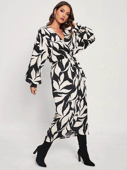 Leaf Floral Wrap Dress Tencel Midi Dress Black And White Print