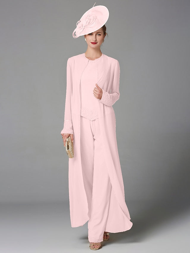 Jumpsuit / Pantsuit 3 Piece Mother of the Bride Dress Formal Plus Size Elegant Wrap Included Bateau Neck Floor Length Chiffon Sleeveless with Beading Appliques 2023 - LuckyFash™